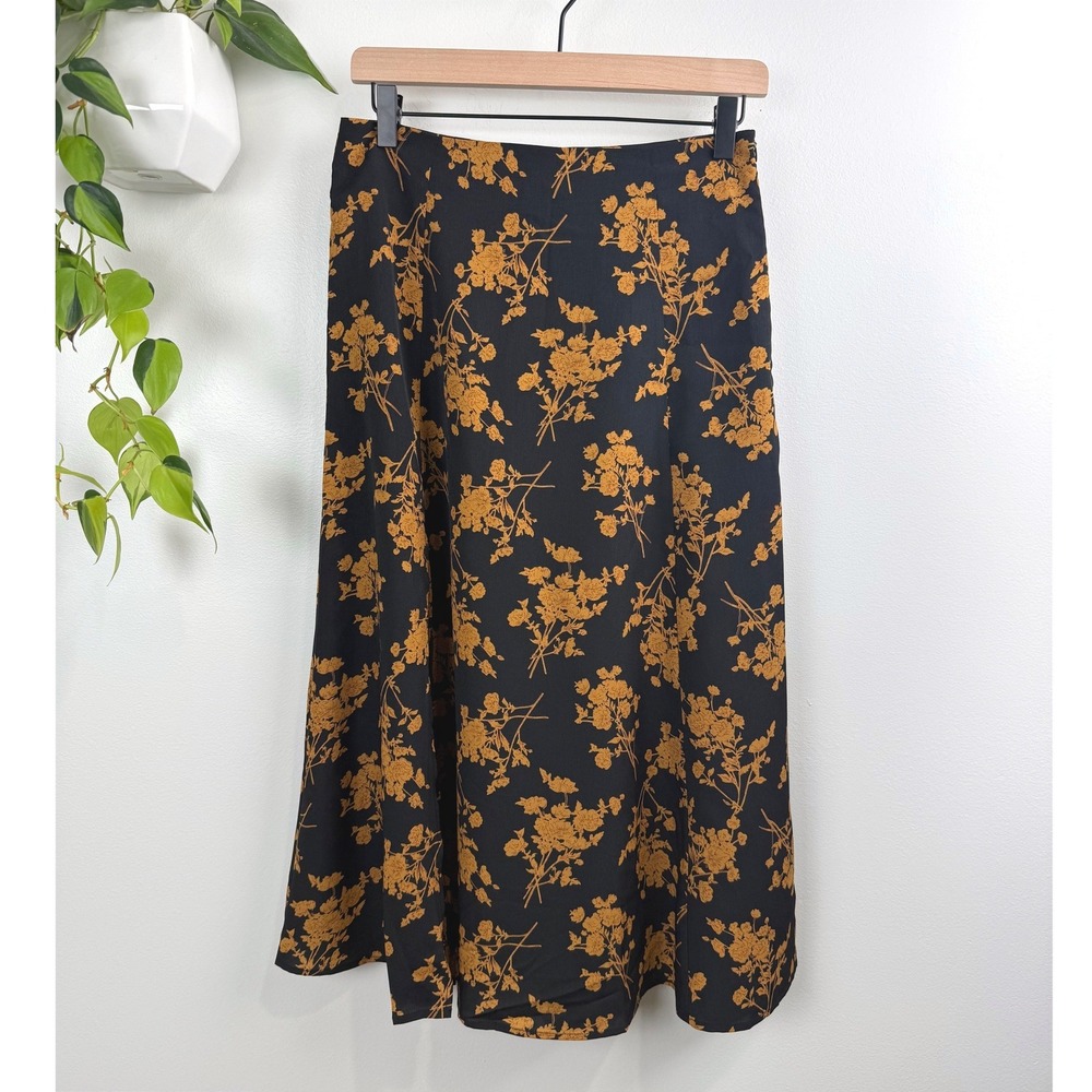 Rihoas Black Gold Floral Midi Skirt Side Slit A-Line Womens S Romantic Retro